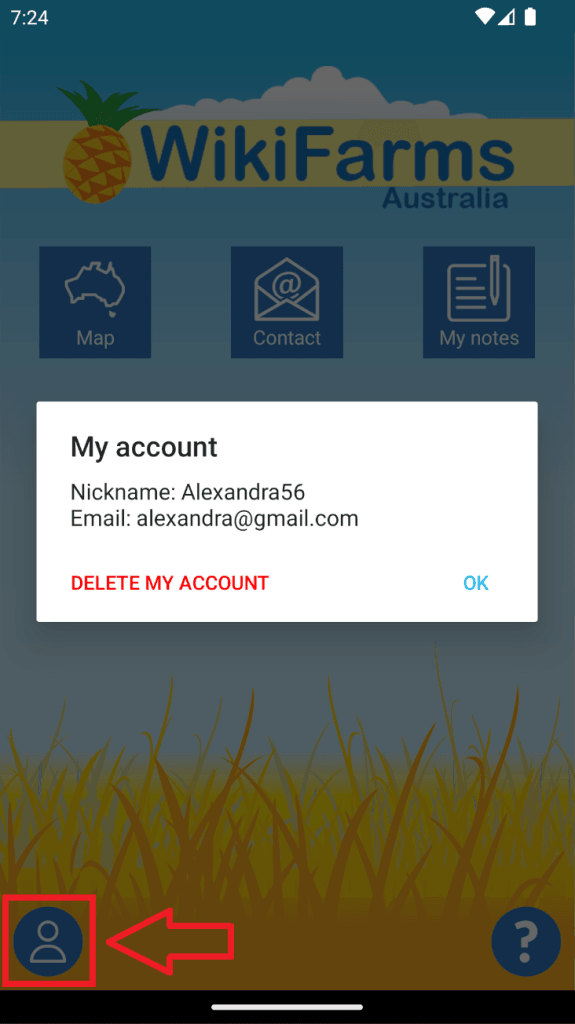 Où trouver le bouton Delete my account dans l’app WikiFarms Australia