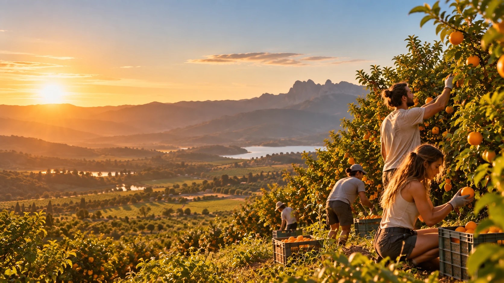 Backpackers picking oranges in a sunny Australian orchard at sunrise