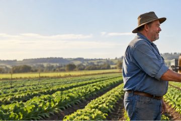 A farmer and a young farm worker shaking hands in a vegetable field